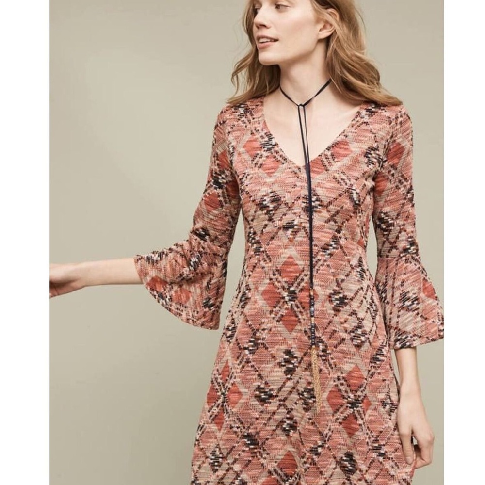 Maeve Anthropologie Erina' Argyle Knit V-neck dress  Boho Patterned Dress S